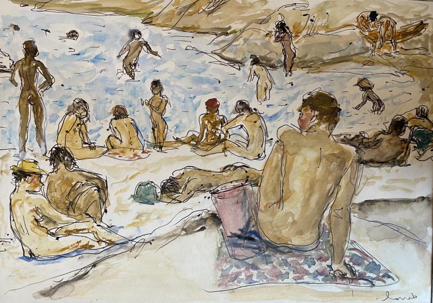 Foule de nus sur la plage, Iles du Levant