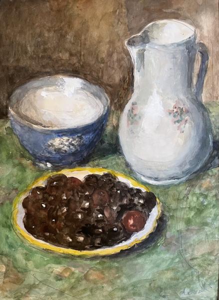 Nature morte au broc, au bol et à l’assiette de fruits