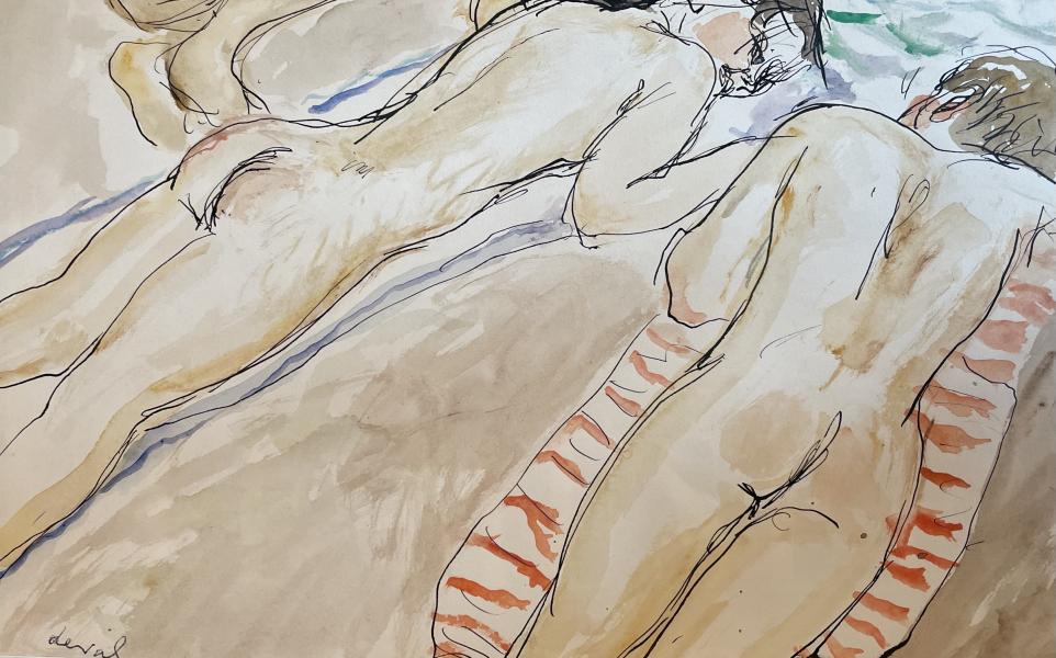 Les deux naturistes, conversation sur la serviette, Iles du Levant