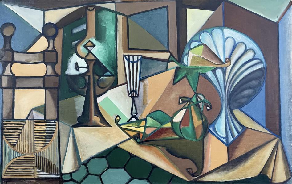 Nature morte, chaise en paille, lampe à huile, verre en cristal et fruit, janvier 1985