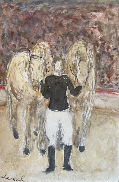 Chevaux en piste et leur dresseur