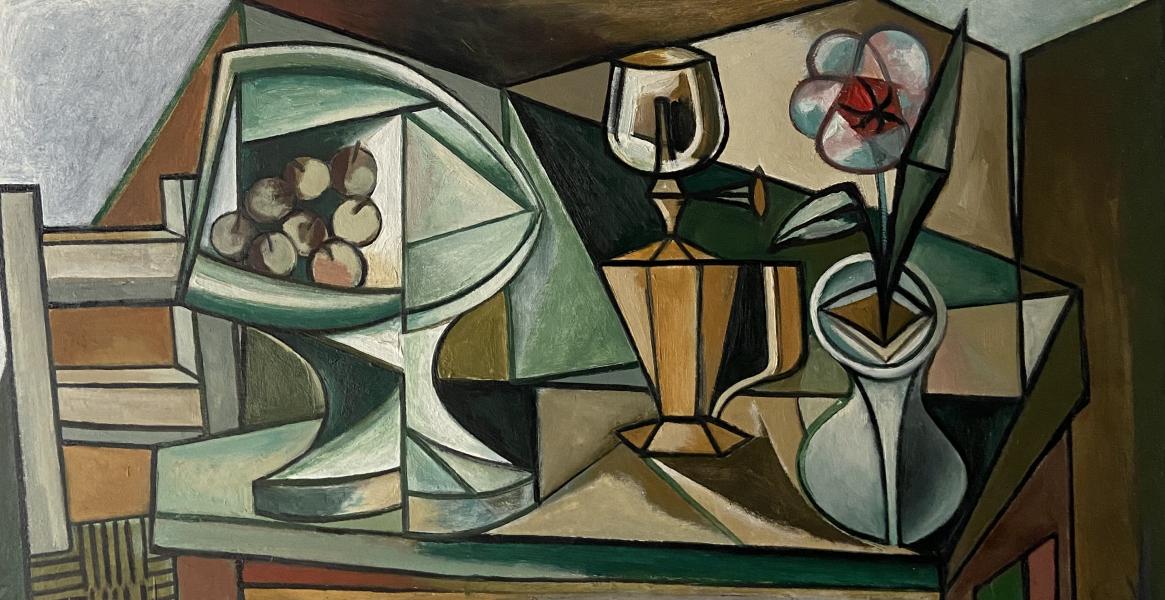 Nature morte compotier, vase et verre, août 1983