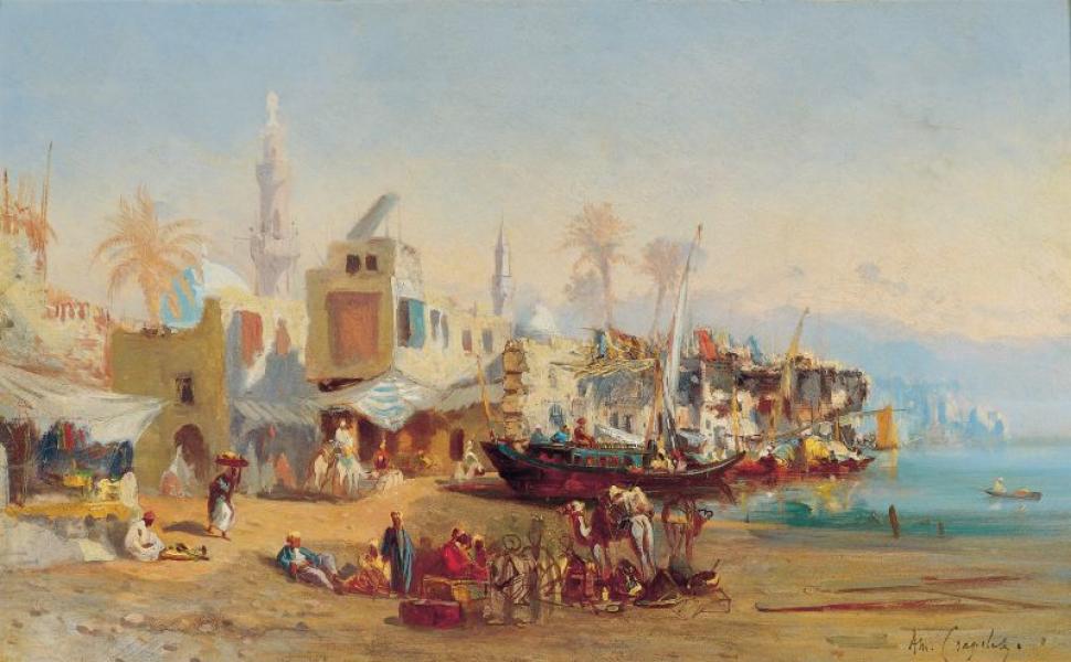 Pêcheurs et mosquée du port de Boulaq, Egypte