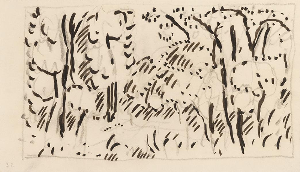 Etude de fond d'arbres pour une illustration des Petites scènes familières pour piano, circa 1895