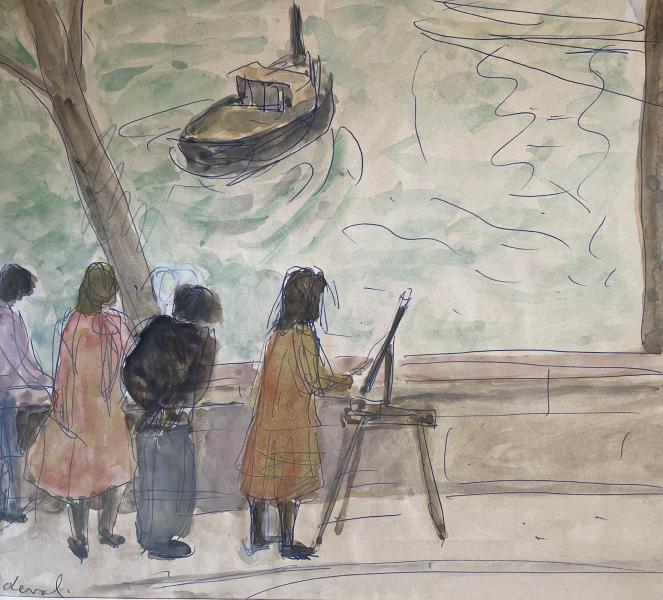 Femme peintre sur le quai, Paris