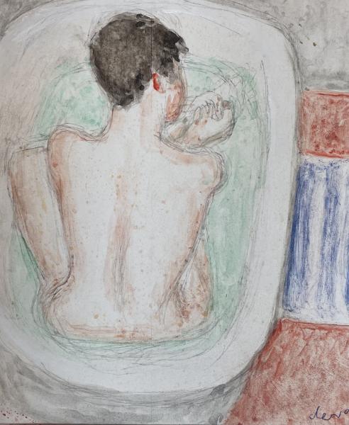 Nu assis de dos dans la baignoire